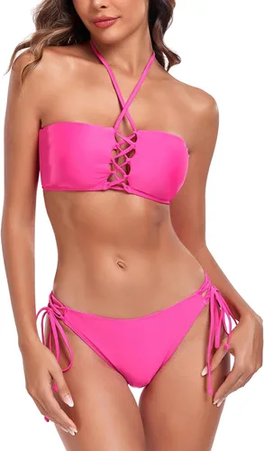 Vista 4 de RELLECIGA Conjunto de bikini bandeau para mujer, traje de baño de dos piezas ajustable con cuello halter