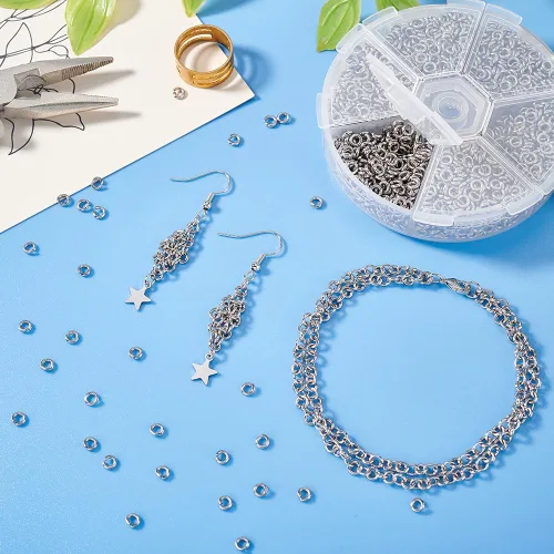 Vista 5 de PandaHall Elite, 1 caja, anillos de acero inoxidable de 4 mm - 10 mm de diámetro, calibre 18