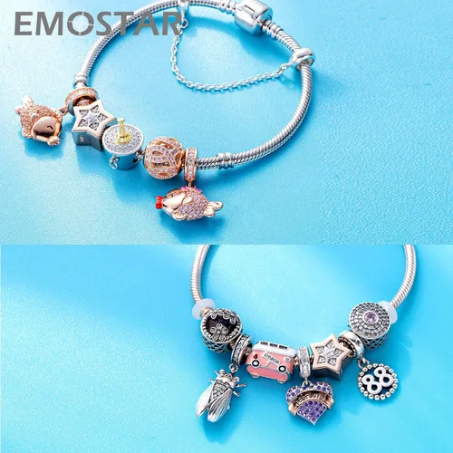 Vista 4 de Rose Gold Valentines Day Charms fits European Bracelet, Couple Lovers Charms, My Wife Charm, Heartbeat, Star Crescent Moon Dangle, Knotted Heart