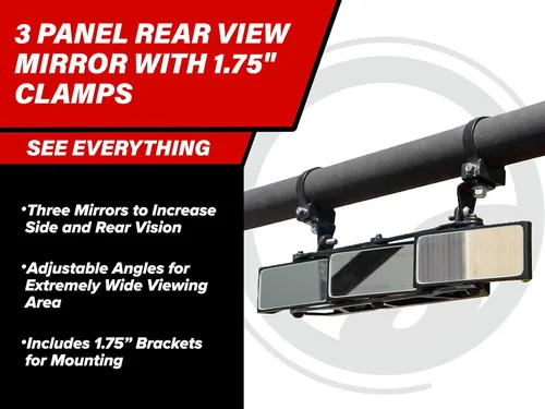 Vista 2 de SuperATV Espejo retrovisor de 3 paneles con abrazaderas de 1.75 pulgadas para Polaris General 2016+ Polaris General 4 2017+ Ancho: 20 pulgadas