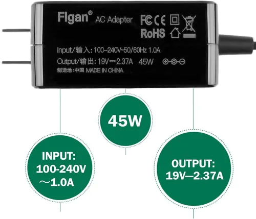 Vista 4 de Cargador de 45W 2.37A compatible con Asus E510 E406M E410M L510MA TM420I M712D S512D S413D UX431 UX434 R424D UX462 Q407I R409J F515JA M55JA 15UA F5