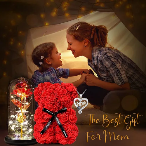 Vista 4 de Regalos para mamá de hija y hijo, flores de rosas preservadas con collar de abuela "Te quiero mamá" Mamá roja