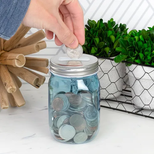 Vista 3 de Cornucopia Brands Tarros pequeños para monedas (paquete de 4, azul); bancos de monedas de plástico de 16 onzas con tapas ranuradas de plata