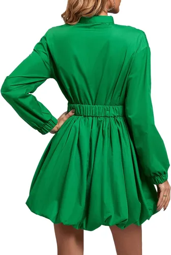 Vista 2 de LYANER Minivestido de manga larga abombada con cuello en V y cinturón con volantes para mujer