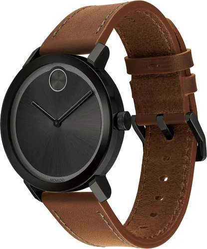 Vista 2 de Movado Bold iónico plateado caja de acero negro esfera negra correa de cuero Cognac 3600537