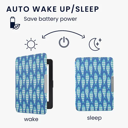 Vista 3 de kwmobile Funda compatible con Amazon Kindle PaperWhite - Funda para lector electrónico - Azul pez pequeño/azul claro/blanco