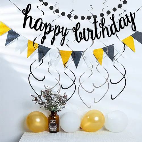 Vista 3 de Kit de decoración de pancarta negra de feliz cumpleaños, guirnalda de puntos circulares con espirales colgantes negros y plateados para cumpleaños