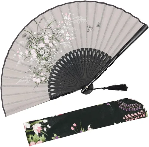 Vista 14 de OMyTea, abanico desplegable con motivo de flores de yuyos (8.27 pulgadas - 21 centímetros) con funda de tela para protección, estilo chino/japonés