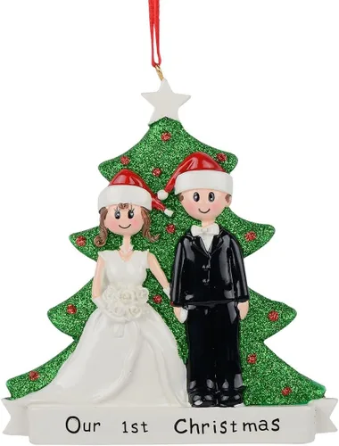 Vista 11 de Nuestro primer adorno de Navidad de boda para pareja - Adorno personalizado de árbol de Navidad para pareja recién casada - Mr & Mrs primer adorno