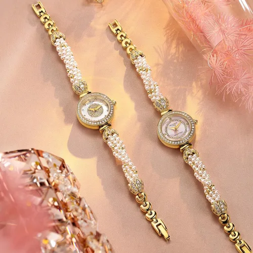Vista 3 de Reloj de pulsera de oro para mujer, correa de cadena de perlas giratoria, esfera deslumbrante, impermeable, regalo para mujer R0262JF