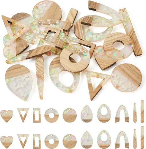 Vista 14 de Beadthoven - Abalorios de madera de resina, aretes de bricolaje para hacer dijes, colgantes de madera de resina geométrica, piezas bohemias