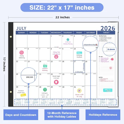 Vista 4 de Ospelelf Bule Calendario 2026-2027 - Agenda mensual grande de 22 x 17 pulgadas, calendario de escritorio de 18 meses para personas mayores, oficina