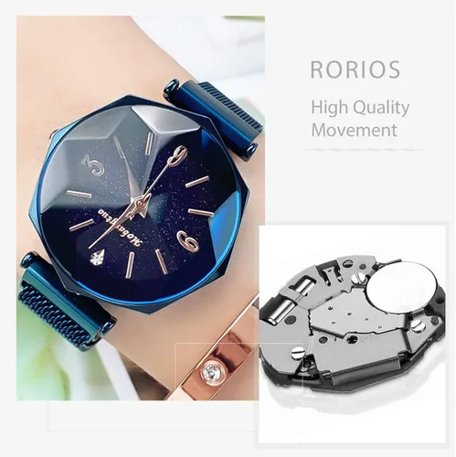 Vista 5 de RORIOS Relojes de pulsera para mujer con esfera de cielo estrellado brillante, hebilla de correa de malla de fácil uso, diamantes de imitación