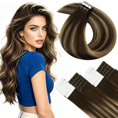 Vista 31 de LaaVoo Extensiones adhesivas de cabello humano real, color negro azabache, extensiones de cabello humano liso y sedoso, 10 pulgadas, 20