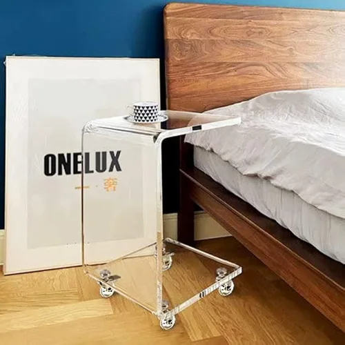 Vista 2 de ONELUX Mesa auxiliar móvil en forma de C,Mesa auxiliar de sofá de acrílico, mesa de aperitivos en ruedas,Mesa rodante transparente