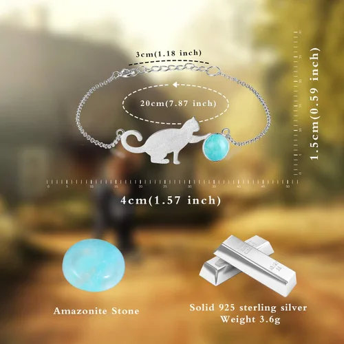 Vista 3 de Regalos de Navidad Pulsera de plata de ley 925 con bolas de juego de gatos de amazonita, pulseras ajustables para gatitos con longitud de cadena