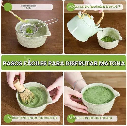 Vista 3 de Juego de 5 batidores de matcha, cuenco de matcha con boquilla, batidor de bambú 100% (Chasen), soporte, tamiz inoxidable, cuchara de té, kit