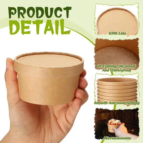 Vista 3 de Fulmoon Paquete de 100 recipientes de papel para sopa con tapas, recipientes de papel desechables para alimentos con tapa ventilada, tazas de postre
