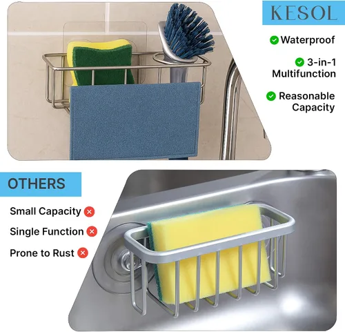 Vista 8 de KESOL Organizador de esponja a prueba de óxido para cocina, organizador de acero inoxidable, soporte para cepillo, accesorios 304, ventosa + adhesivo