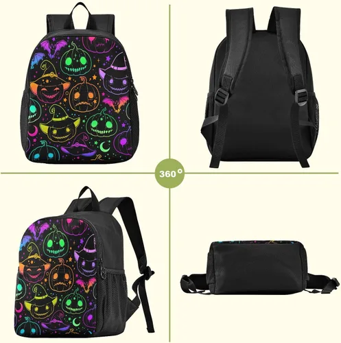 Vista 6 de Mochila colorida de calabaza de Halloween para niños pequeños, mini mochila impermeable para niños y niñas, mochila pequeña linda para jardín