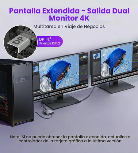 Vista 4 de [Usado] Adaptador divisor Displayport a Dual Displayport 4K @60Hz, adaptador divisor DP 1.4 1 en 2 salidas SST/MST pantalla extendida compatible