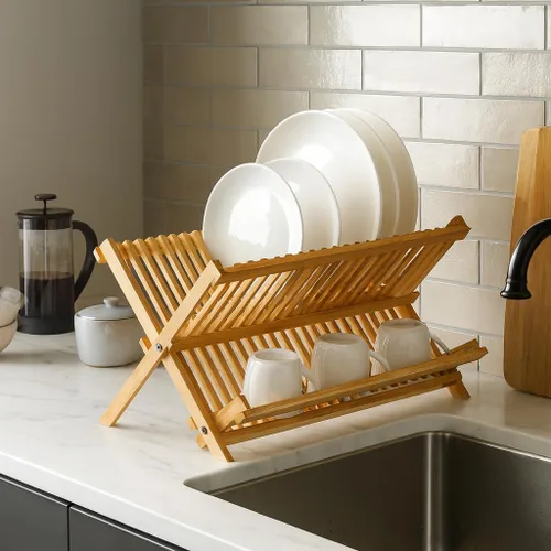 Vista 3 de HIC Kitchen Escurridor de platos plegable de bambú, 20.5 x 13 pulgadas