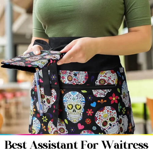 Vista 4 de Jetec 2 Pcs Waist Apron with 6 Pockets and Leather Server Book for Waitress Patterned Server Half Apron with Zipper for Women