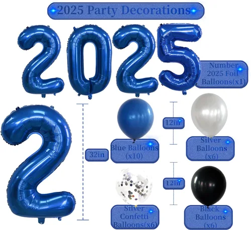 Vista 6 de Suministros de fiesta de Nochevieja 2025, decoraciones de clase de 2025, azul y negro, globos de Fiol Banner de flores pompones de flores guirnalda