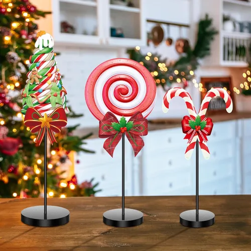 Vista 5 de Geetery 3 piezas de decoración de mesa de dulces de Navidad rojo y verde, centros de mesa de Navidad, letreros de madera, decoración de mesa