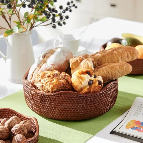 Vista 4 de YANGQIHOME Cestas redondas de ratán para frutas, tazones de almacenamiento de mimbre, cestas de servir tejidas naturales, cestas decorativas