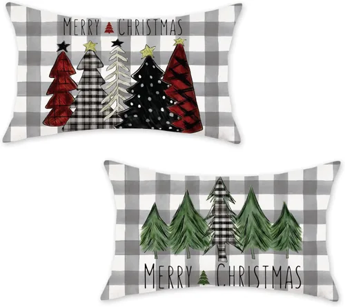 Vista 24 de ONWAY Juego de 2 fundas de almohada de Navidad de 16 x 16 pulgadas, fundas de almohada de Navidad de búfalo rojo a cuadros, color negro y verde Beige