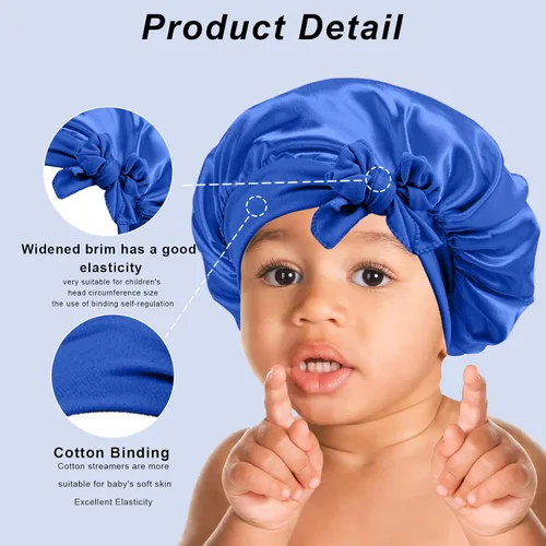 Vista 4 de 3 Piezas Gorros de Seda para Niños para Dormir - Gorro de Satén para Bebé para Dormir, Gorros de Cabello para Niños para Cabello Rizado Niñas Niños