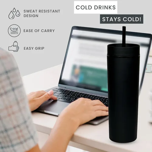 Vista 2 de SKINNY TUMBLERS - Paquete de 4 vasos de acrílico color pastel mate con tapa y popote, perfecto para el hogar, fiestas, viajes, vaso de plástico Negro