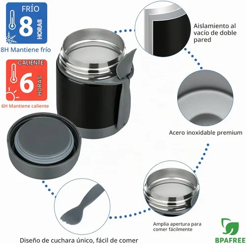 Vista 4 de Lonchera Bento para niños con termo de sopa de 10 onzas, recipientes de almuerzo a prueba de fugas con 4 compartimentos, tarro térmico para Negro