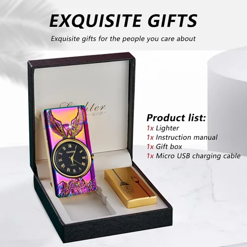 Vista 7 de BABOBIU Encendedor eléctrico recargable a prueba de viento USB con esfera de reloj y diseño de águila sin llama para camping, oficina en casa