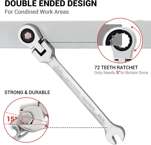 Vista 3 de Pilida - Llave combinada de trinquete de 1/2 pulgada, llave de engranajes SAE de 12 puntos, llave de engranajes de cabeza flexible, llave de extremo