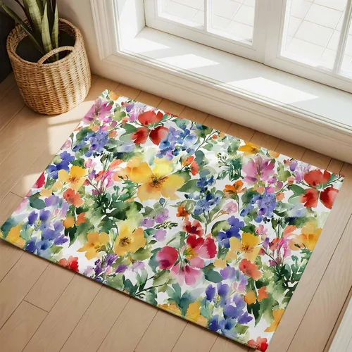 Vista 12 de Round Rugs 3 Feet, Green Yellow Floral Non Slip Area Rugs for Living Room, Bedroom, Barhroom, Entryway, Purple Blue Watercolor Retro Leaf Soft