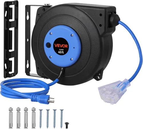 Vista 29 de VEVOR Carrete de cable de extensión retráctil, 30 pies, carrete de cable de alimentación retráctil resistente 16AWG/3C SJTOW con toma triple Rojo