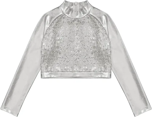 Vista 3 de JEATHA Camiseta corta de manga larga con lentejuelas brillantes para niños y niñas, con cuello alto falso, camisetas atléticas de jazz hip-hop