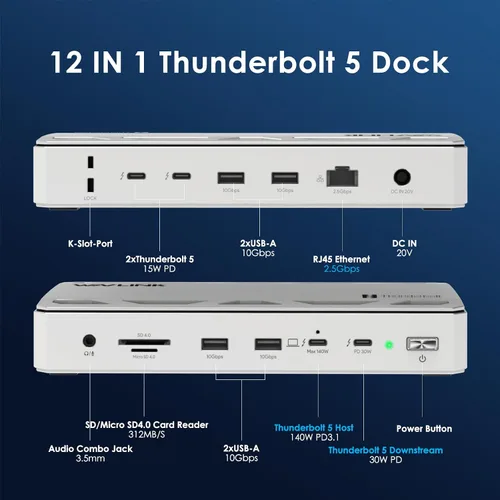 Vista 2 de WAVLINK Thunderbolt 5 Dock, Intel Certified TB5 Docking Station, 120Gbps