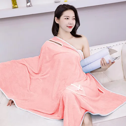 Vista 4 de Toalla de baño para niñas, forro polar coral, absorbente, bata de baño, bata de baño, playa, spa, sauna, bata de ducha