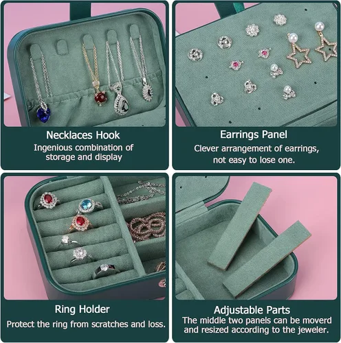 Vista 3 de Joyero de viaje, organizador de joyas pequeño de piel sintética para mujeres y niñas, mini estuche de viaje portátil de doble capa, cajas