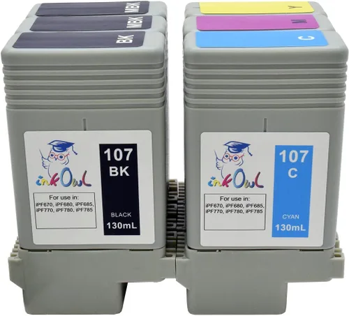 Vista 2 de InkOwl Cartucho de tinta de repuesto compatible para impresoras Canon PFI-107 (4.4 fl oz, 6 unidades) - iPF670, iPF680, iPF685, iPF770, iPF780