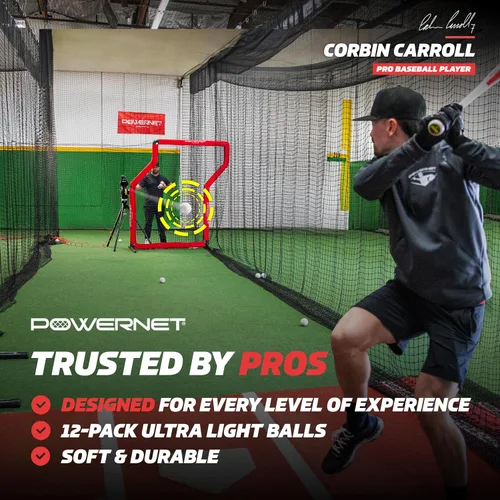 Vista 2 de PowerNet Launch F-lite Softball & Baseball Pitching Machine, Dimpled Practice Balls, Bucket of Baseballs, Coaching Bucket Bundle for Pitching