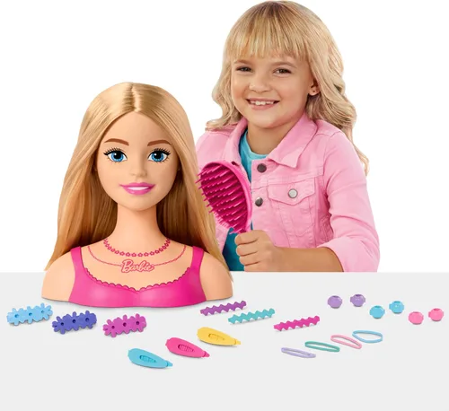 Vista 2 de Cabeza de Muñeca Barbie para Estilo, Cabello Rubio con 20 Accesorios Coloridos, Cabeza de Muñeca para Peinar