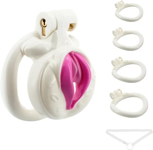 Vista 8 de Jaula de castidad masculina ligera ABS + dispositivo de castidad de resina, juguetes sexuales para adultos con 4 tamaños diferentes de anillos, Rosa