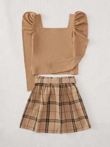 Vista 2 de Floerns Conjunto de camiseta de cuello alto de 2 piezas para niñas con minifalda a cuadros