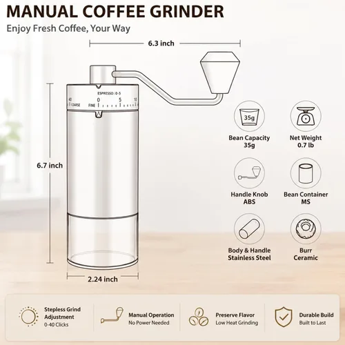 Vista 2 de Mini molinillo de café manual, 40 ajustes externos ajustables, rebabas cónicas de cerámica, molino de café portátil de acero inoxidable