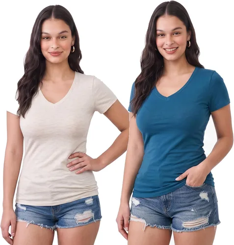 Vista 19 de Emmalise Camiseta de manga corta para mujer, cuello en V, tallas junior y plus