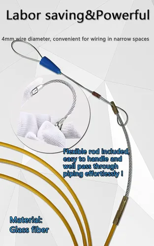 Vista 6 de Jalacable de alambre de acero de 4 mm, de 20 metros con estuche de almacenamiento de alambre. Herramienta para cableado con forma de hélice